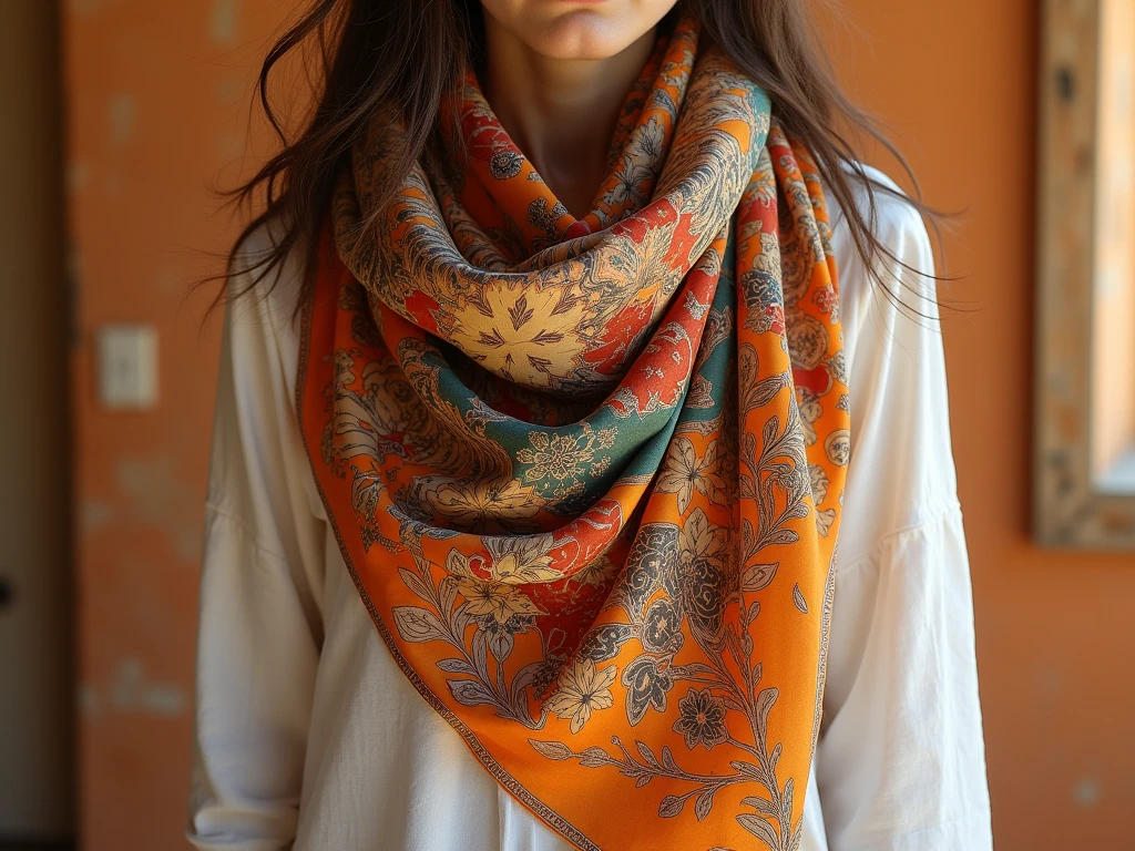 Hand-printed silk scarf with artistic pattern